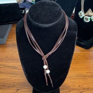 Brown Genuine Leather Necklace with Pearl Beads